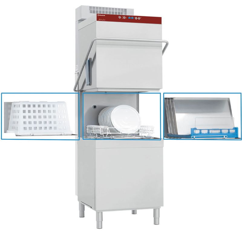 Vaat- &amp; pottenwasser met kap, mand 600x500 mm + waterverzachter in continu + damp condensor-recuperator