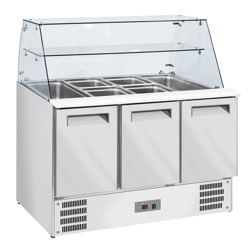 Gekoelde saladette met gebogen glas 4x GN1/1-150 mm + reserve 3 deuren GN 1/1
