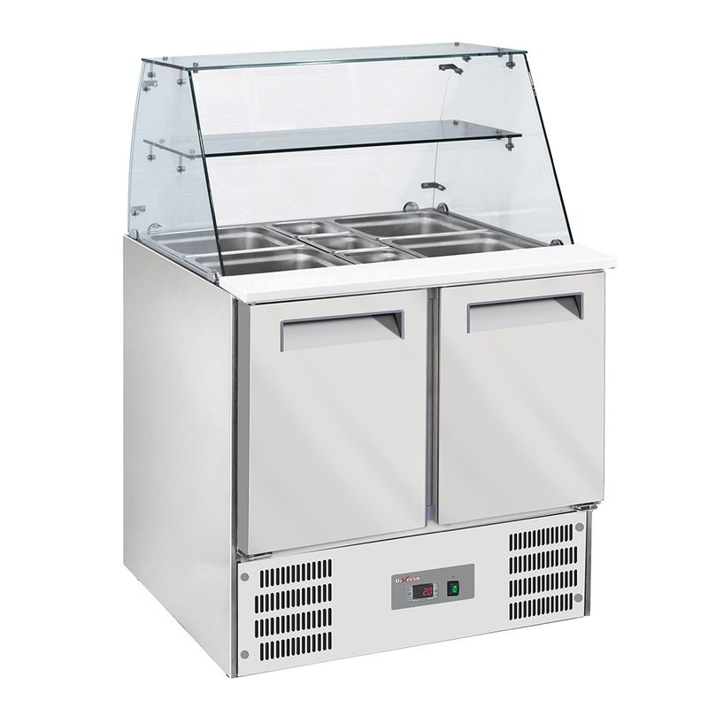 Gekoelde saladette met gebogen glas 2x GN1/1 + 3x GN 1/6-150 mm + reserve 2 deuren GN 1/1