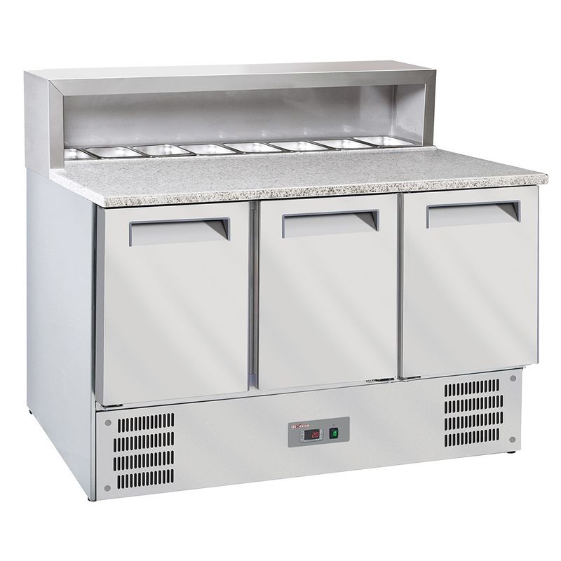 3-deurs koeltafel voor pizza&#39;s GN1/1, gekoelde structuur 8x GN1/6-150 mm