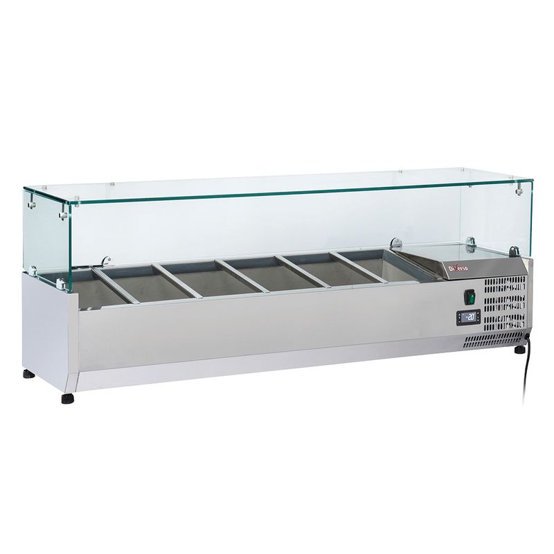 Gekoelde opzetstructuur 5 x GN 1/3 &amp; 1x GN 1/2 -150 mm, met glasopbouw