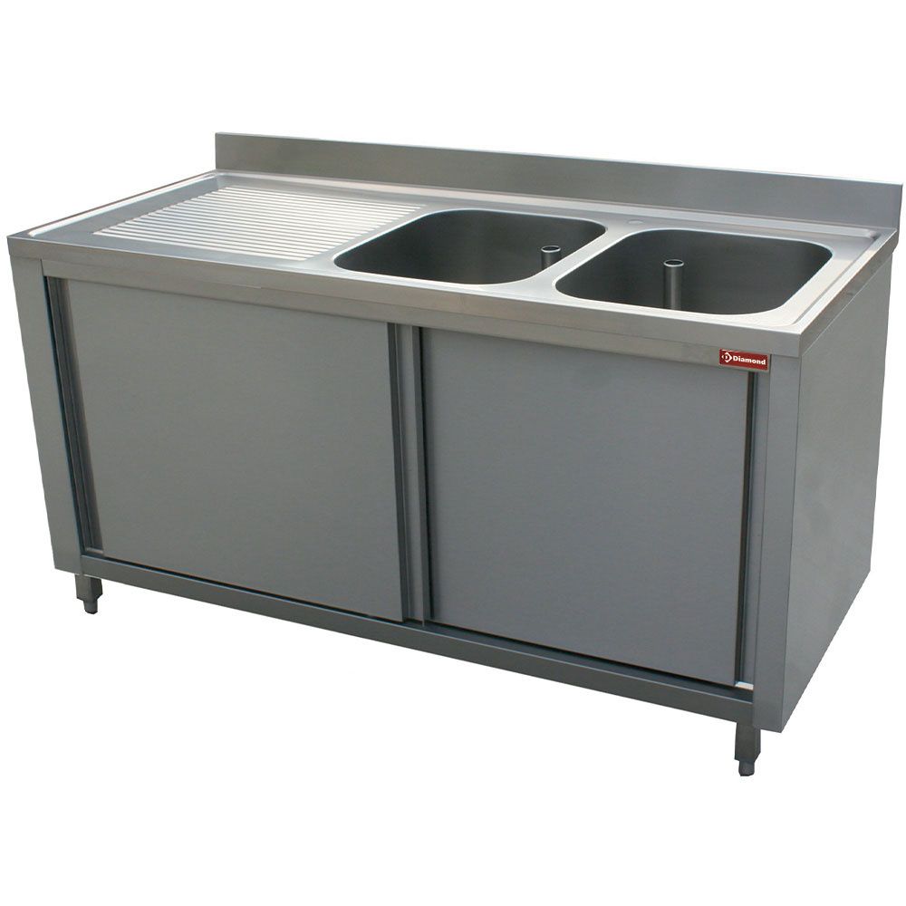 Spoeltafel 2 kuipen 500x500xh325, links druipvlak op kast met 2 schuifdeuren