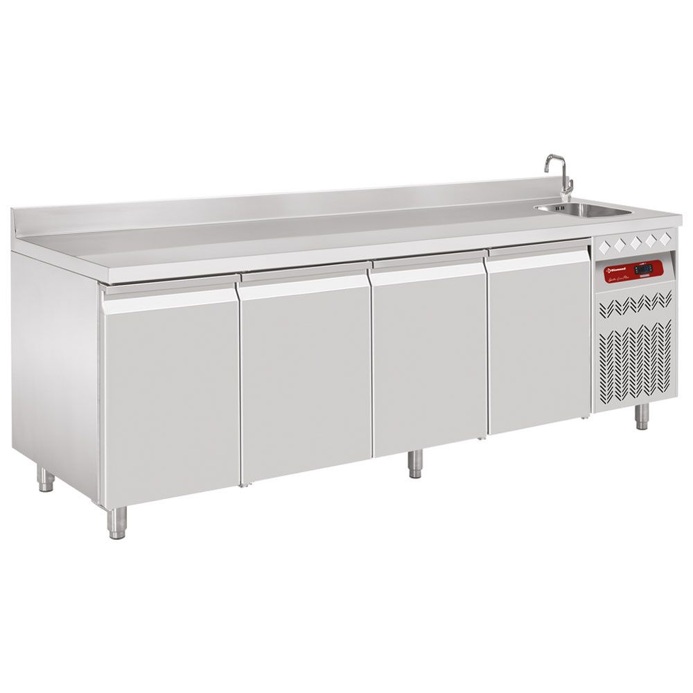 Geventileerde koeltafel &quot;muraal&quot;, 4 deuren GN 1/1,  550 Lit. met spoelbak