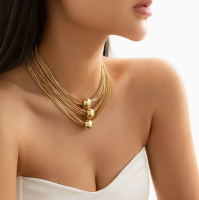 Necklace Plus Bracelet Bridal Jewelry Set 18k Gold Plated + Multi-layer Chain Necklace Stackable Punk Style