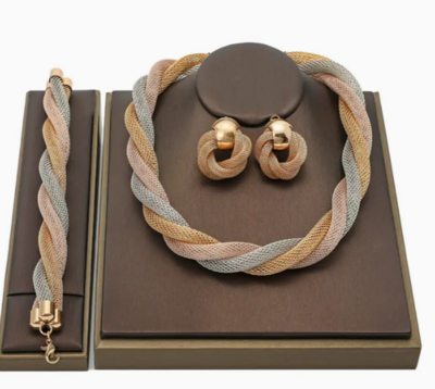 Necklace Plus Bracelet Bridal Jewelry Set 18k Gold Plated + Multi-layer Chain Necklace Stackable Punk Style
