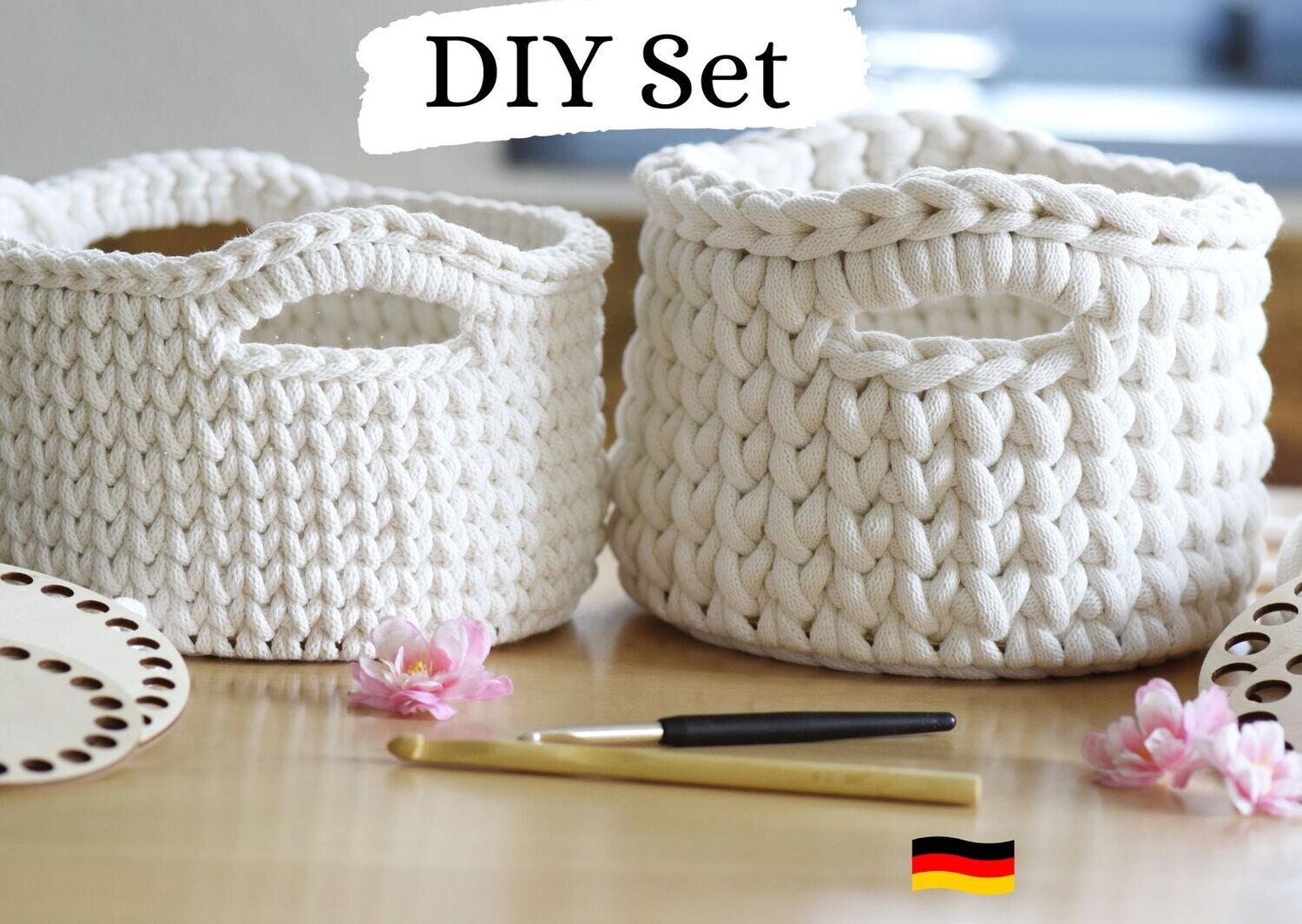 DIY-Set für einen Häkelkorb, mit Garn und Holzboden
