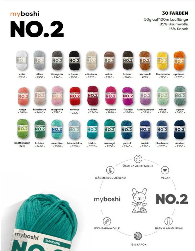NO.2 myboshi in 30 Farben, 50g = 100m vegan aus Baumwolle und Kapok