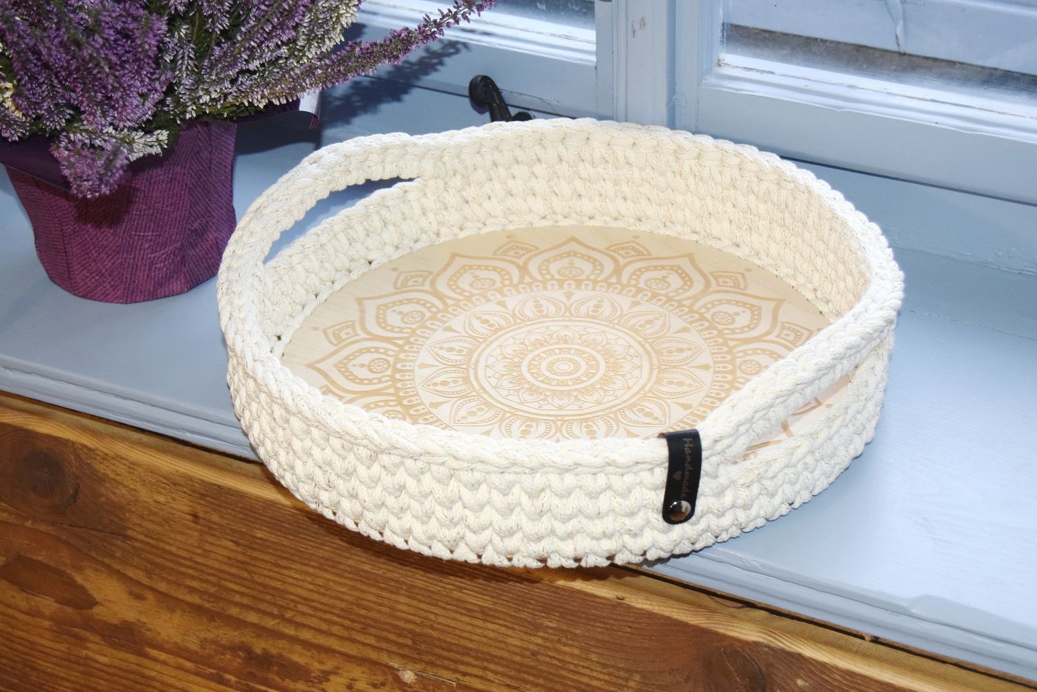 DIY-Set + MANDALA+ rundes Tablett selberhäkeln mit Holzboden