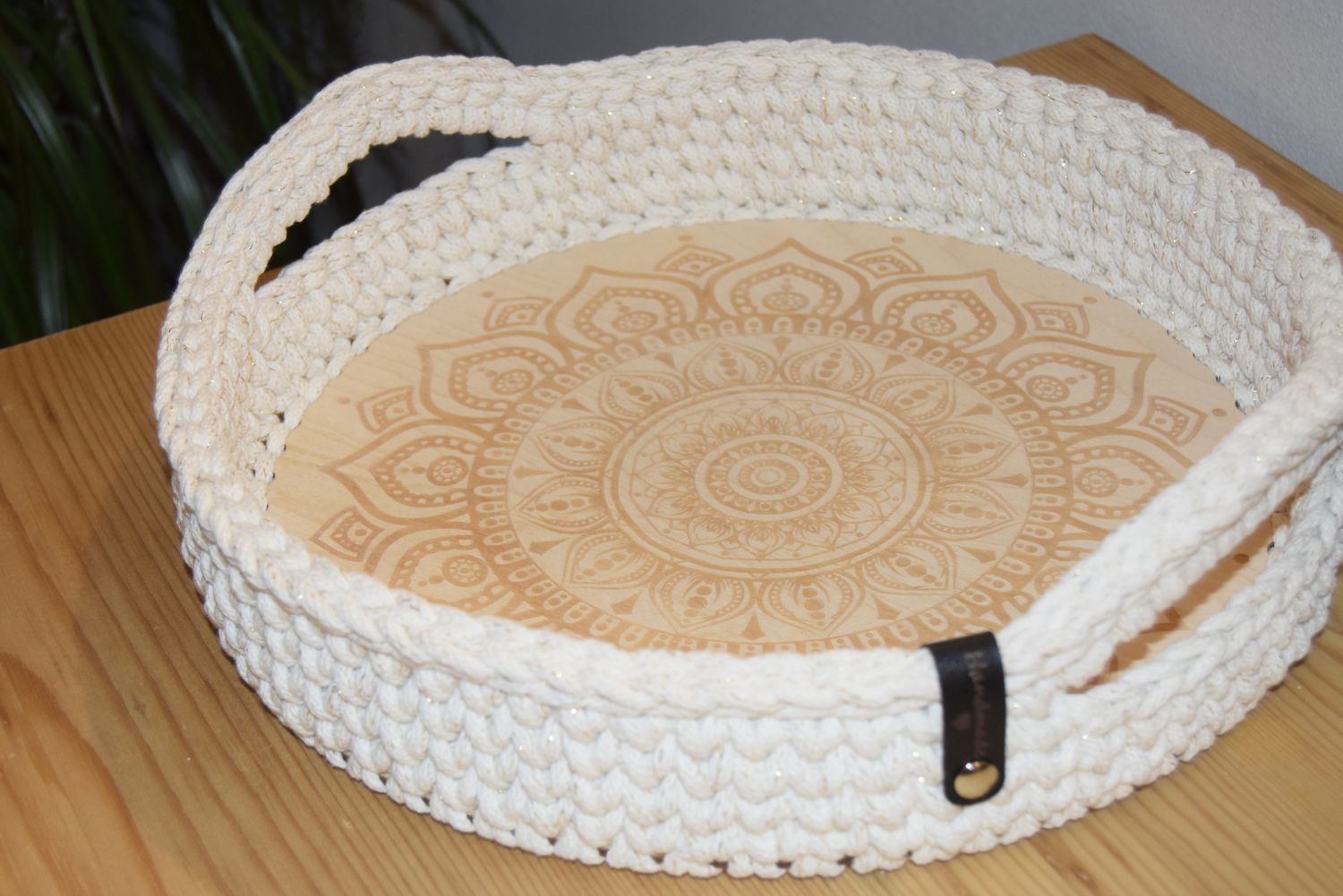DIY-Set + MANDALA+ rundes Tablett selberhäkeln mit Holzboden