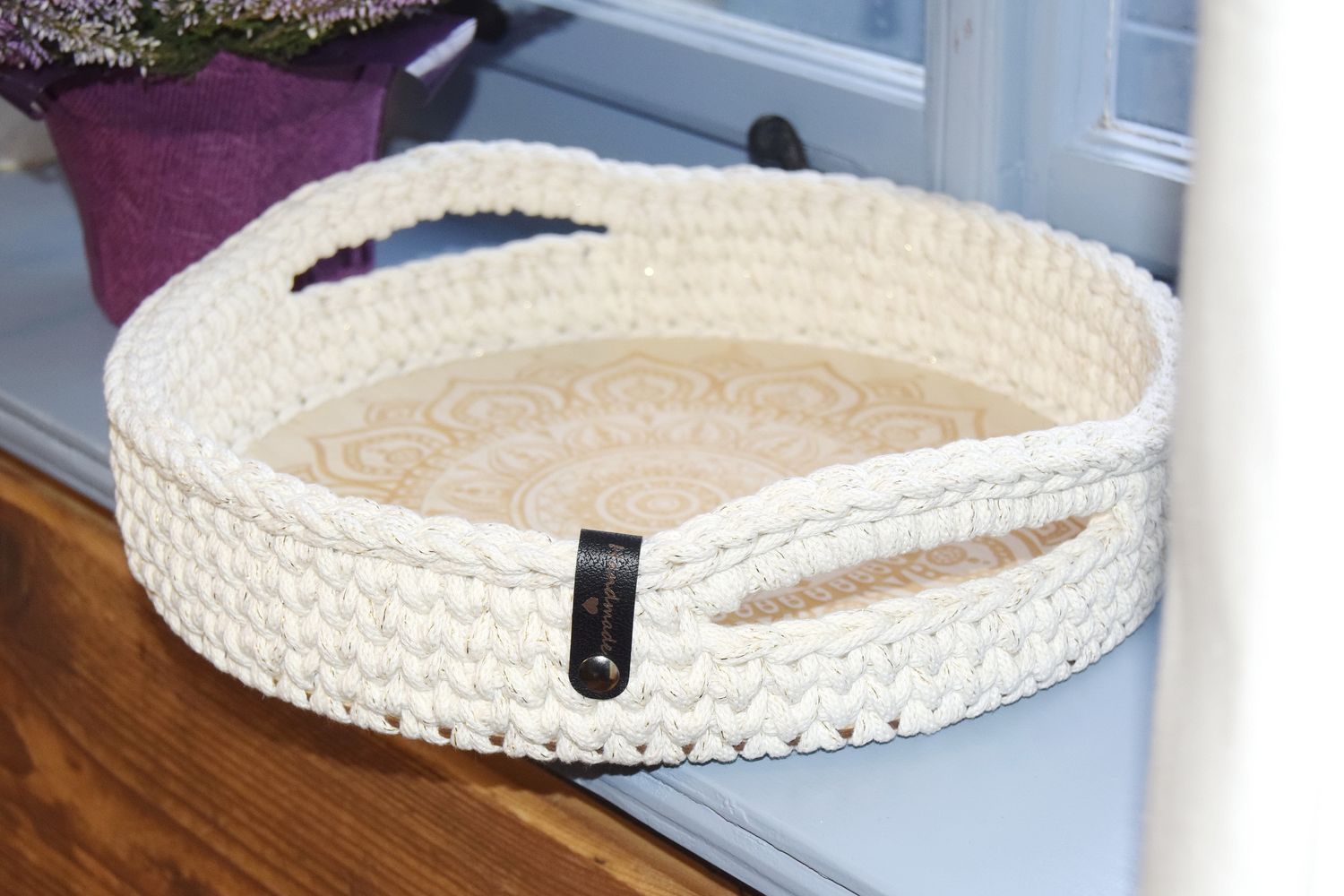 DIY-Set + MANDALA+ rundes Tablett selberhäkeln mit Holzboden