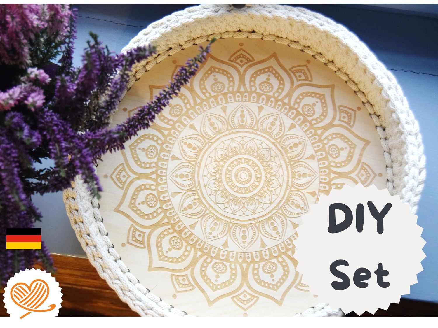 DIY-Set + MANDALA+ rundes Tablett selberhäkeln mit Holzboden
