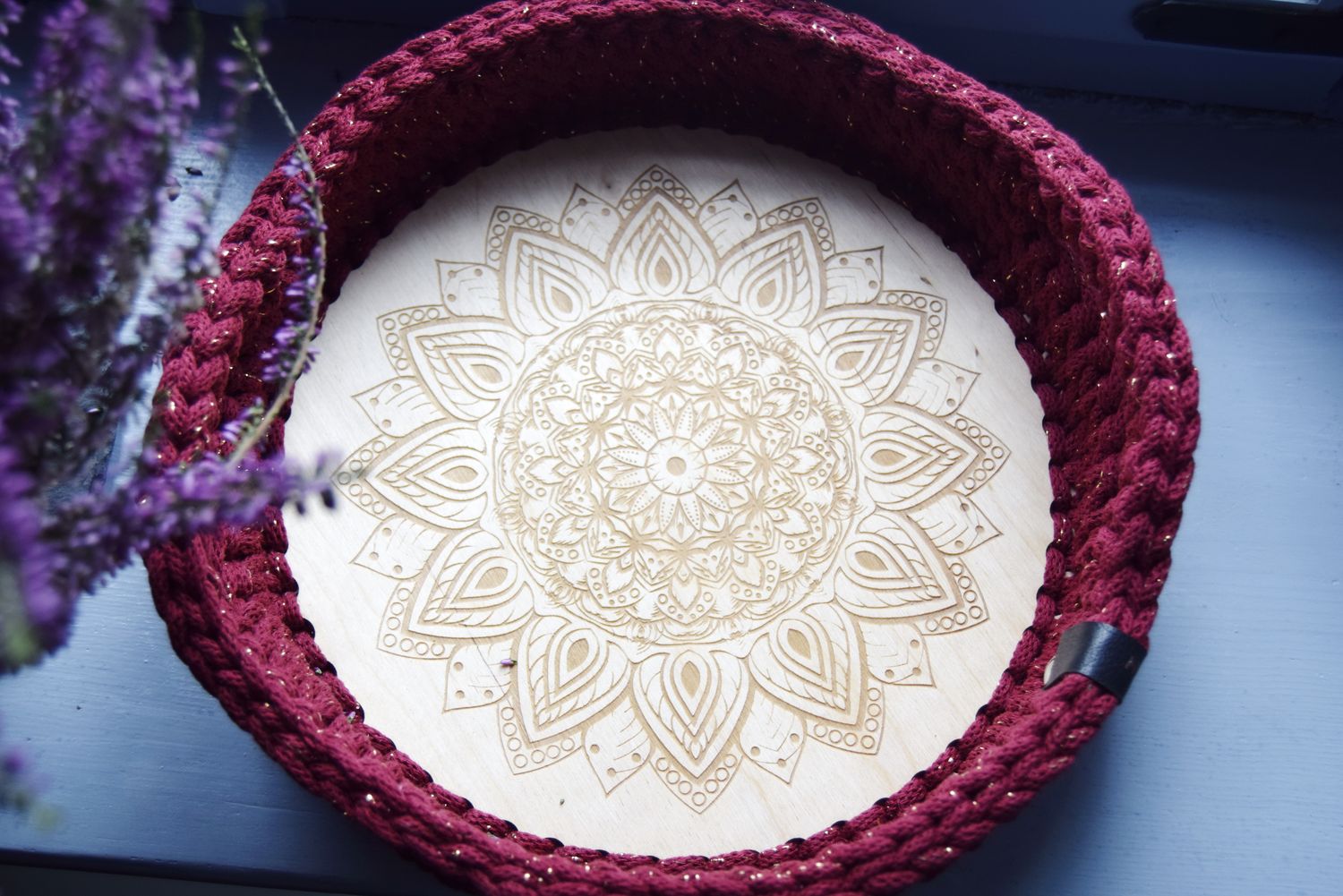 DIY-Set + MANDALA+ rundes Tablett selberhäkeln mit Holzboden