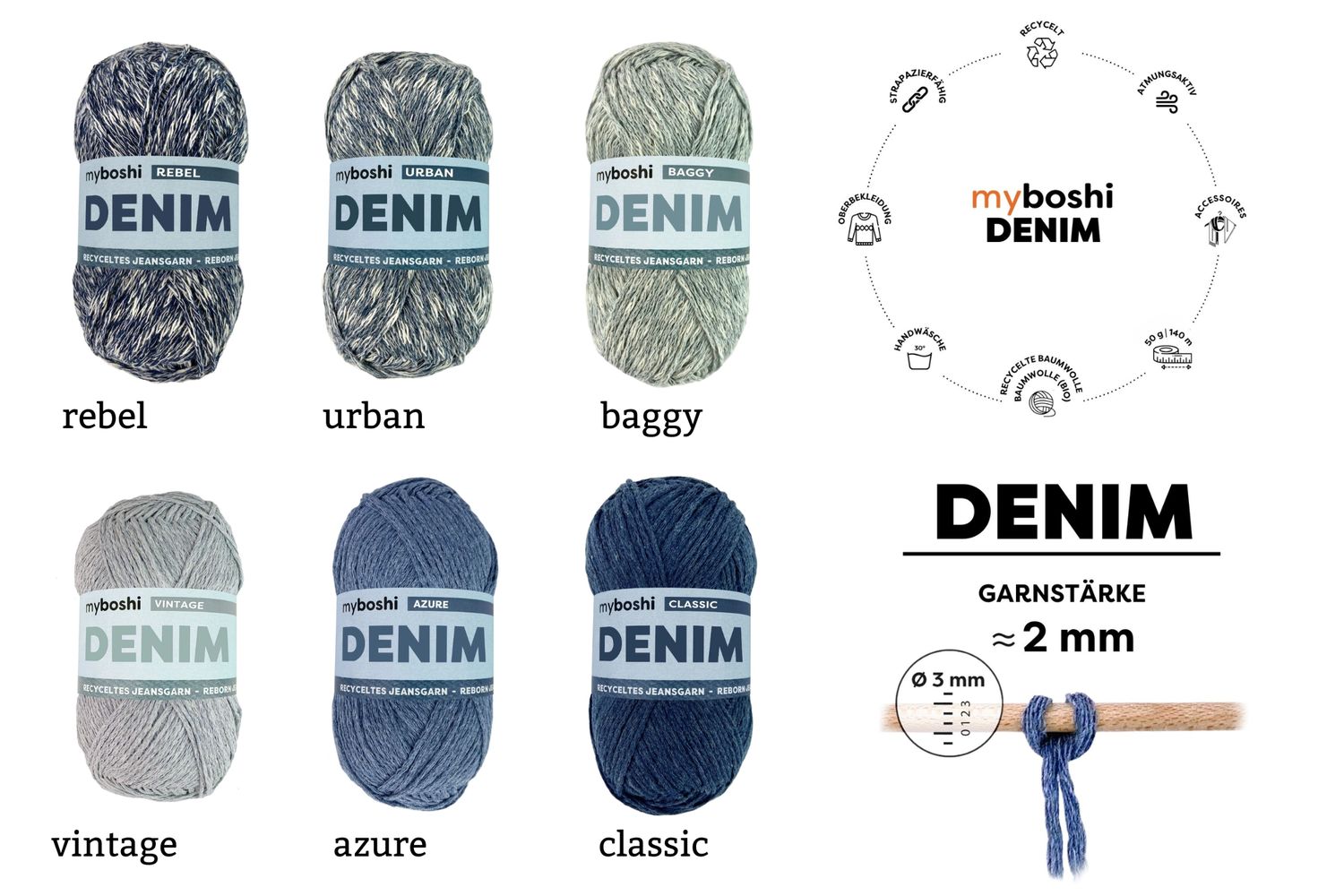 DENIM myboshi in 6 Farben, aus recyceltem Jeans- und Baumwollgarn