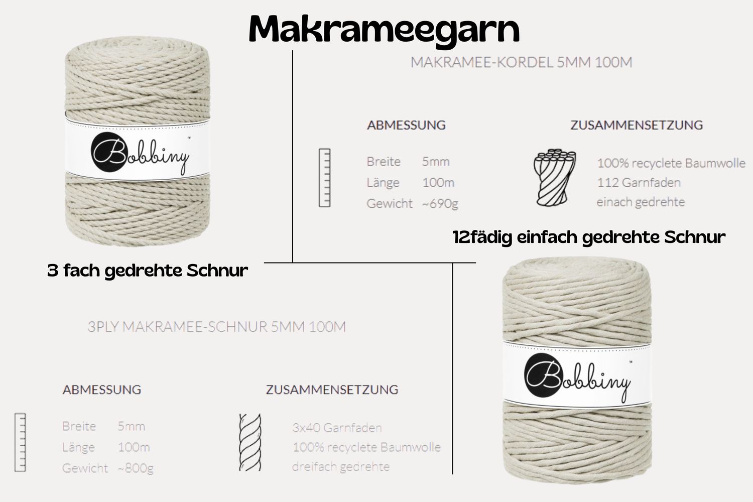 Makrameegarn gedreht und gezwirnt zum Knüpfen Basteln und Häkeln