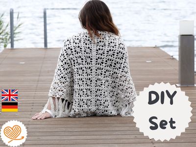 DIY Häkelset Stola MIRABEL – Komplettset mit Garn &amp; Anleitung mit Fransen elegantes Häkelprojekt für gemütliche Stunden im boho Look