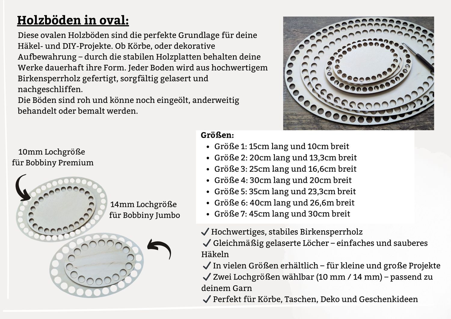 Holzböden oval in 7 Größen und 2 Lochgrößen