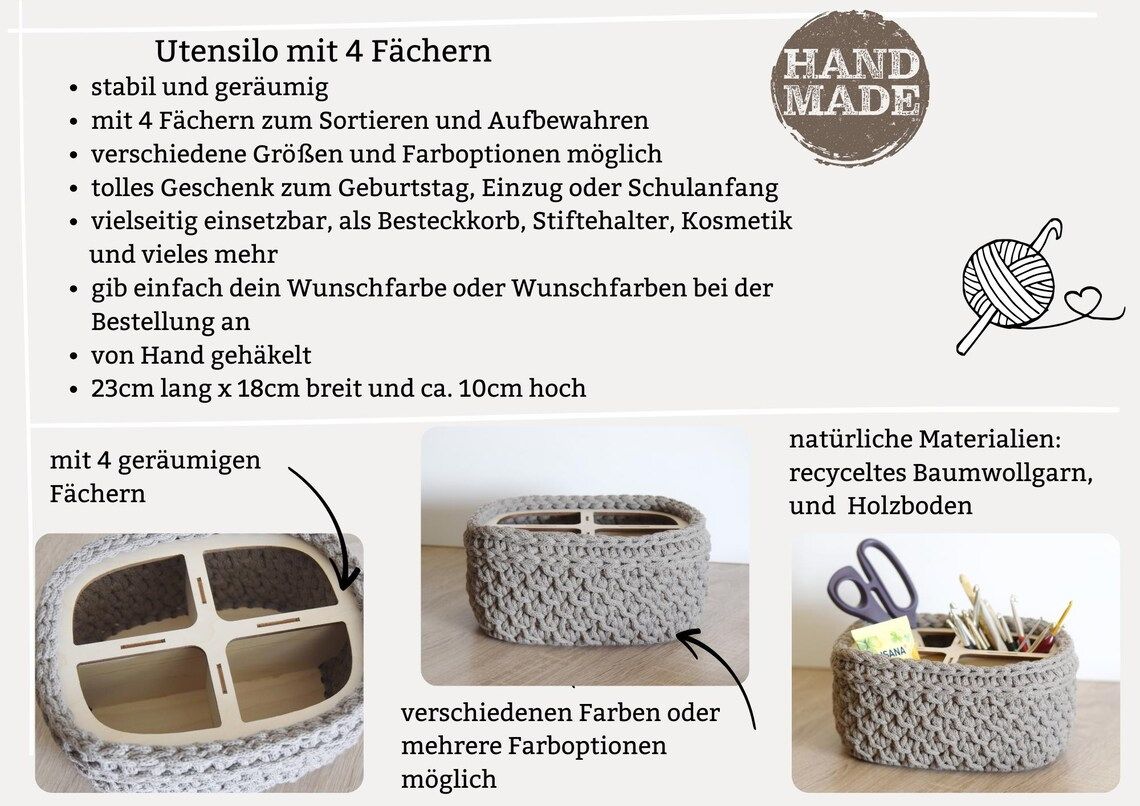 Utensilo Häkelkorb mit 4 Fächern im Strukturmuster