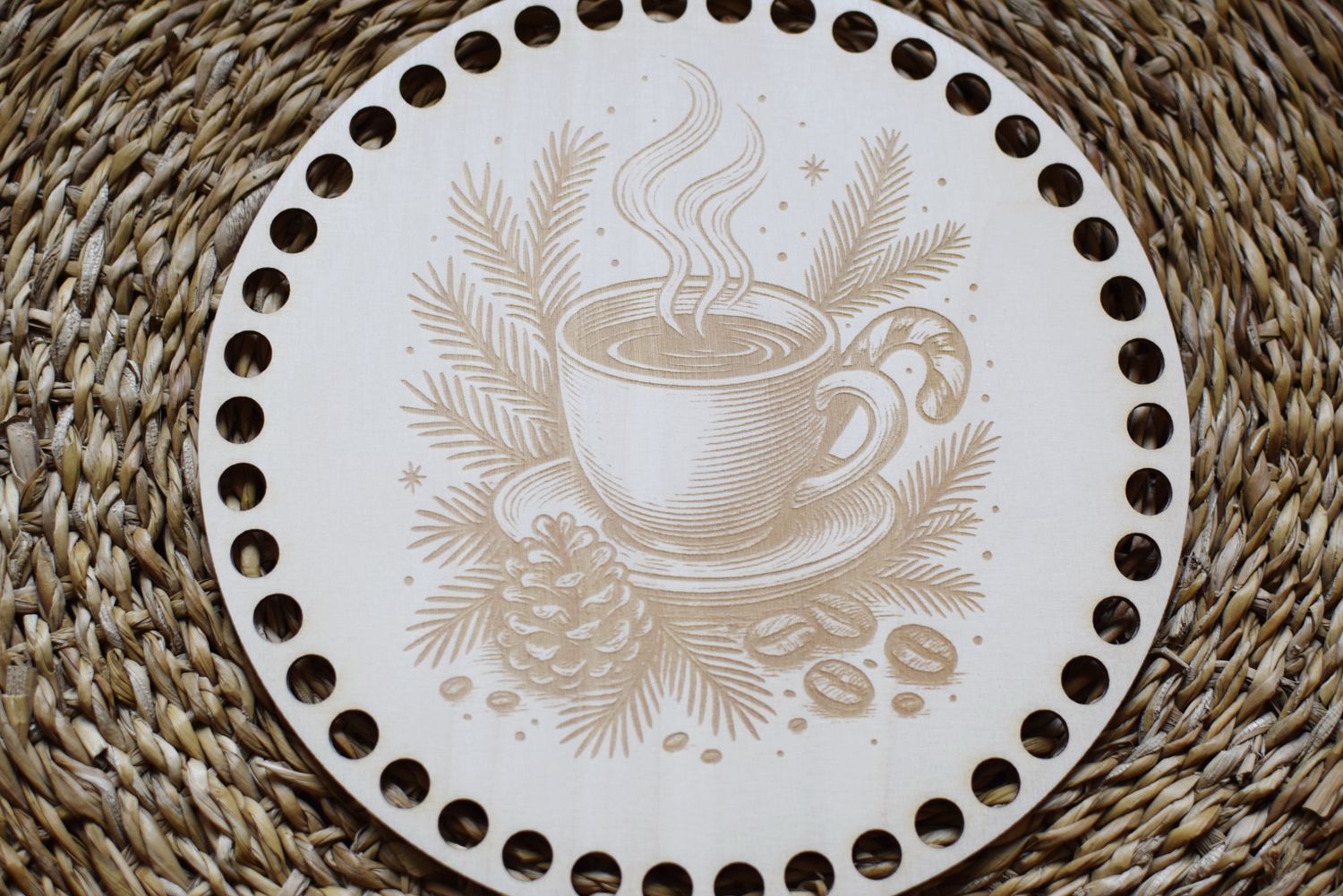 WEIHNACHTS KAFFEE,  Holzböden mit Motiv, Rund in allen Größen und Lochgrößen