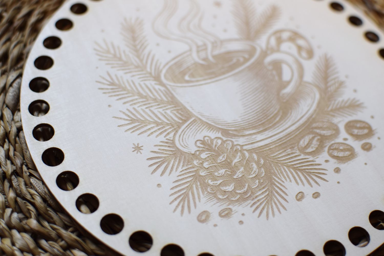 WEIHNACHTS KAFFEE,  Holzböden mit Motiv, Rund in allen Größen und Lochgrößen