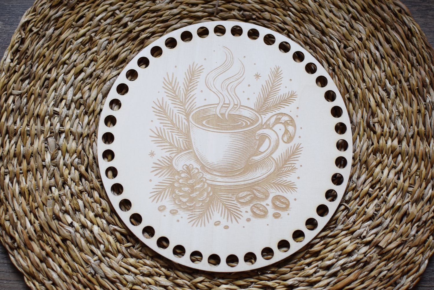 WEIHNACHTS KAFFEE,  Holzböden mit Motiv, Rund in allen Größen und Lochgrößen