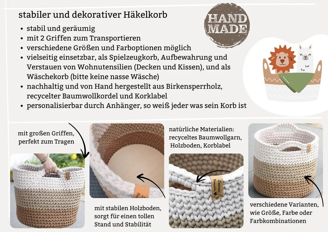 stilvoller und großer Aufbewahrungskorb, von Hand gehäkelt