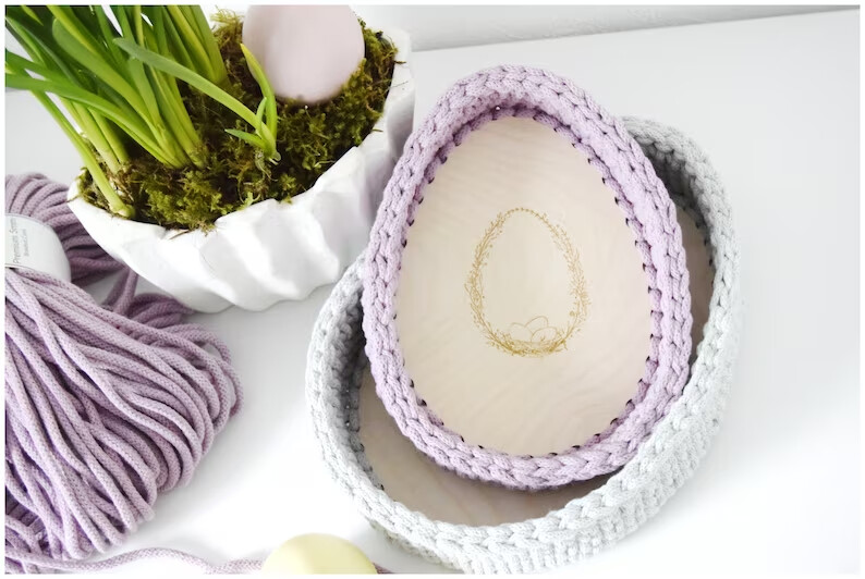 DIY-Set AURORA für einen Häkelkorb, mit Garn und Holzboden