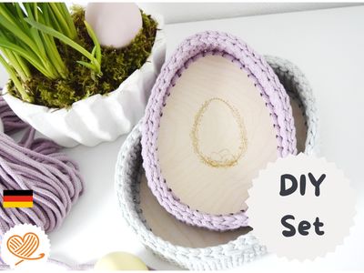 DIY-Set AURORA für einen Häkelkorb, mit Garn und Holzboden