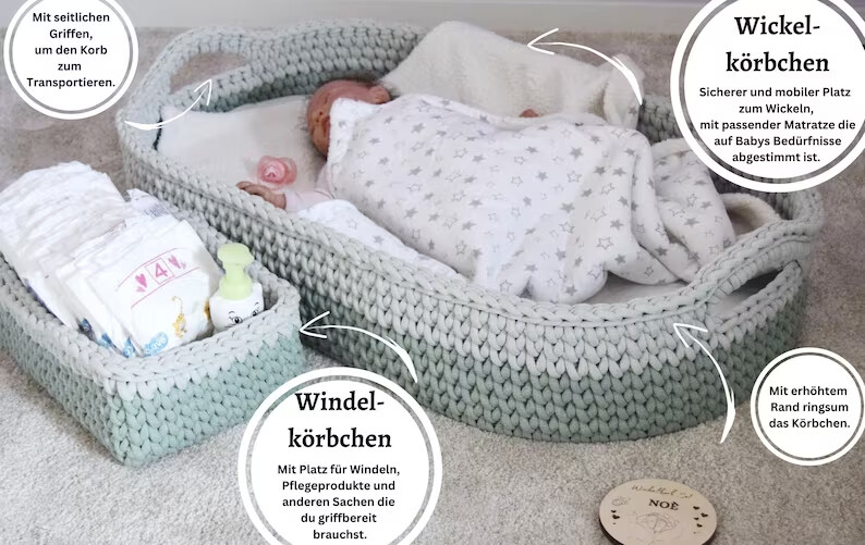 DIY-Set für ein Wickelkörbchen, mit Garn, 2 Holzböden und Matratze