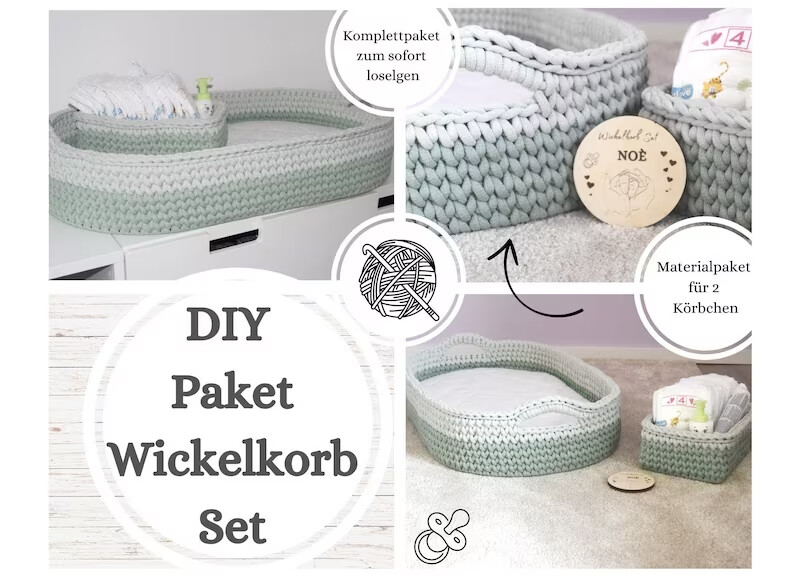 DIY-Set für ein Wickelkörbchen, mit Garn, 2 Holzböden und Matratze