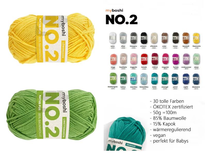 NO.2 myboshi in 30 Farben, 50g = 100m vegan aus Baumwolle und Kapok