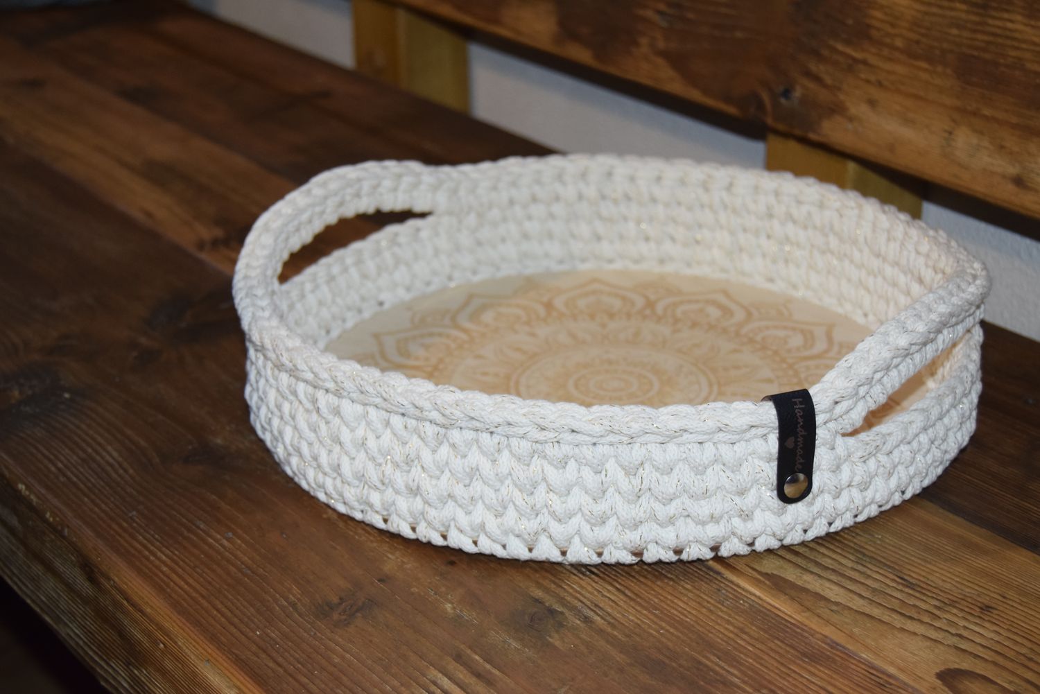 DIY-Set + MANDALA+ rundes Tablett selberhäkeln mit Holzboden