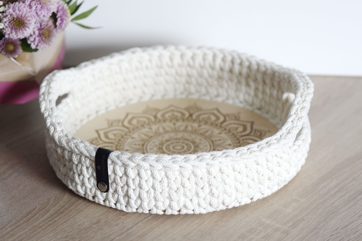 DIY-Set + MANDALA+ rundes Tablett selberhäkeln mit Holzboden