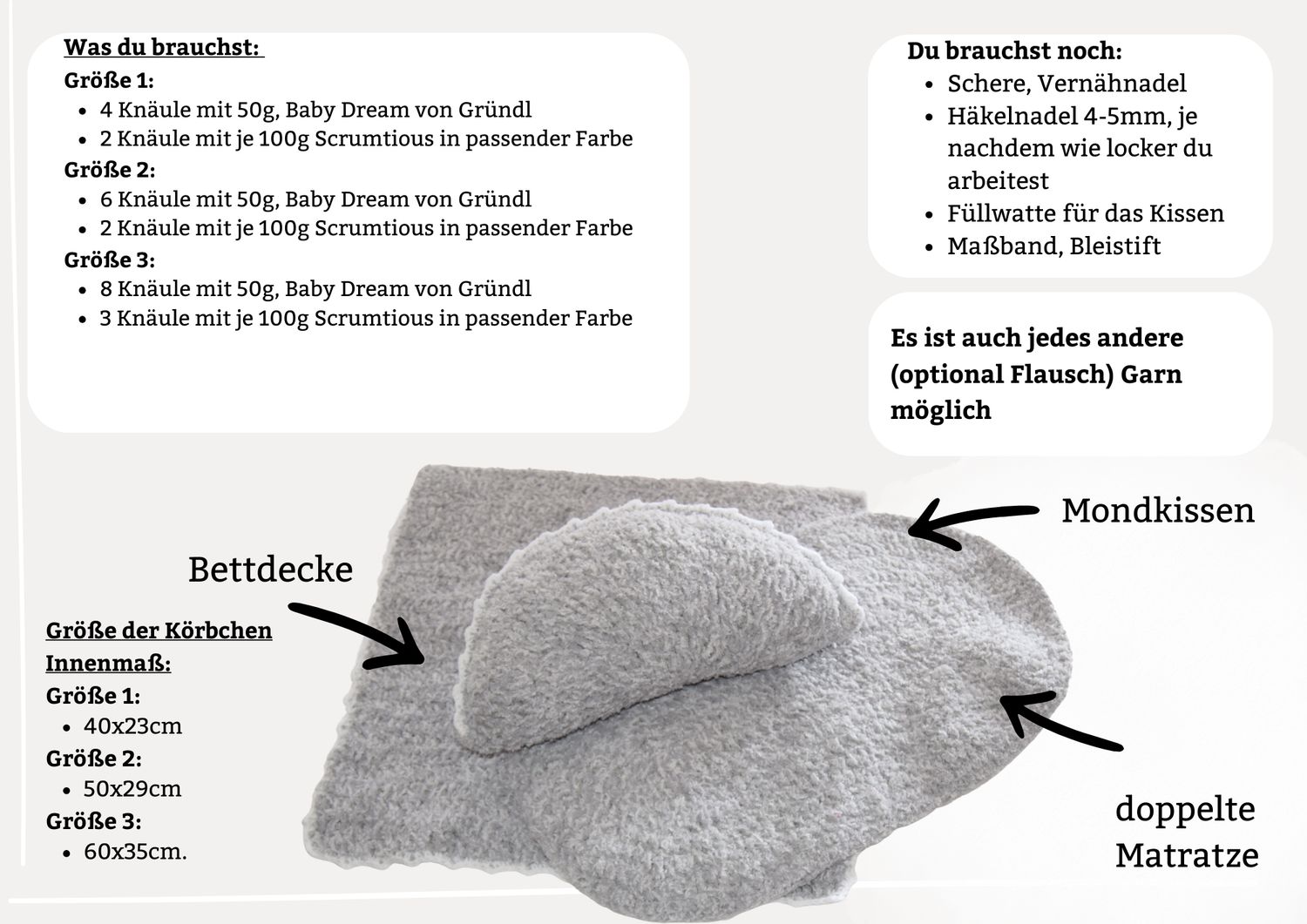 DIY Set ANNI + Innenset für das Puppenmoseskörbchen MADITA bestehend aus Matratze, Mondkissen und Decke