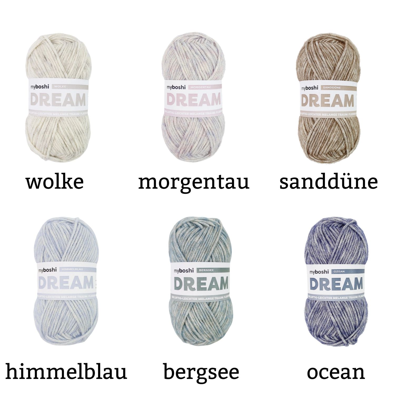 DREAM myboshi in Farben, 50g = 95m Materialmix aus Baumwolle, Baby Alpaka und Merino. Luftig-leicht zum Häkeln und Stricken