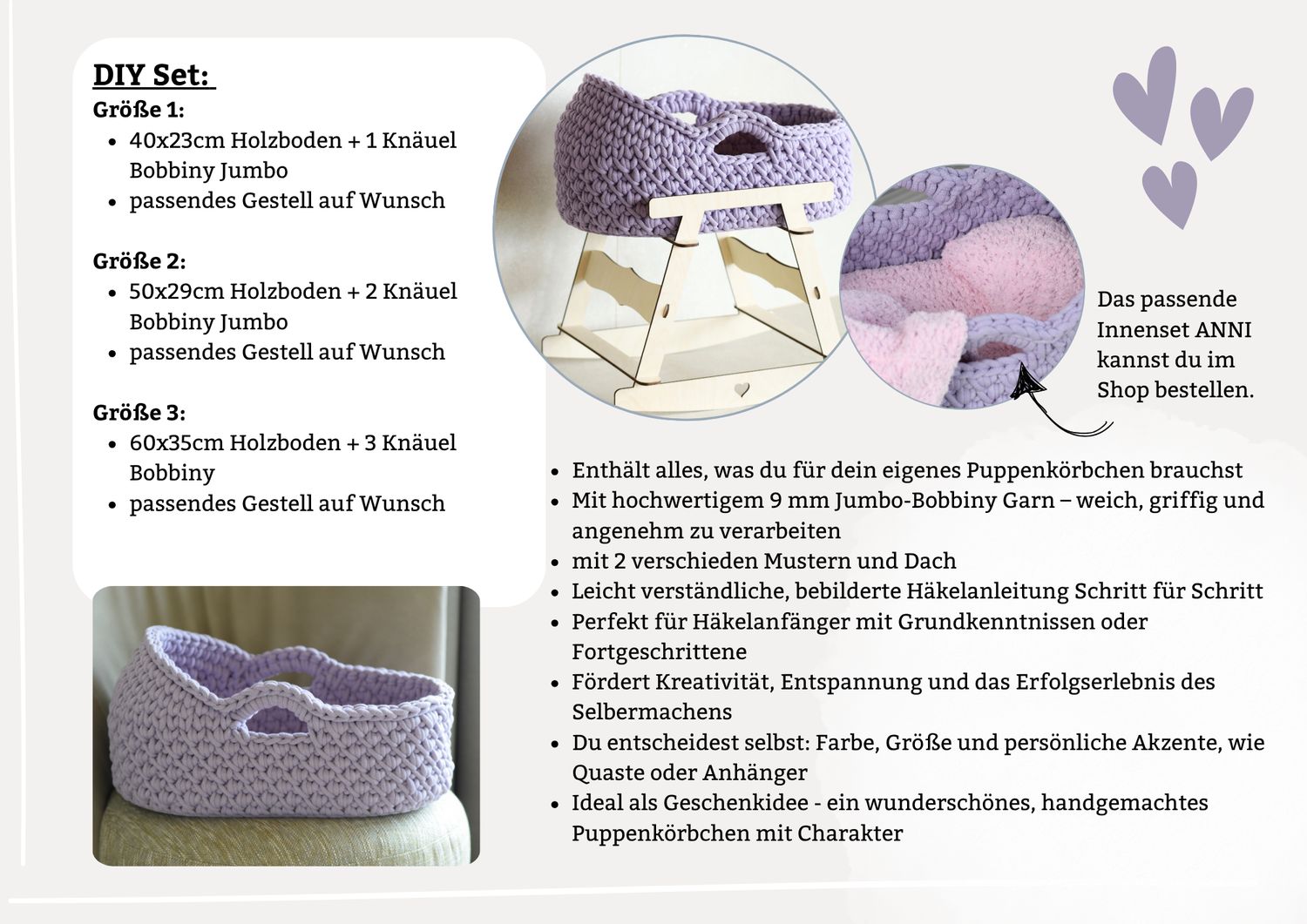 DIY Set - FENIA Puppenmoseskörbchen 3 Größen für Puppen