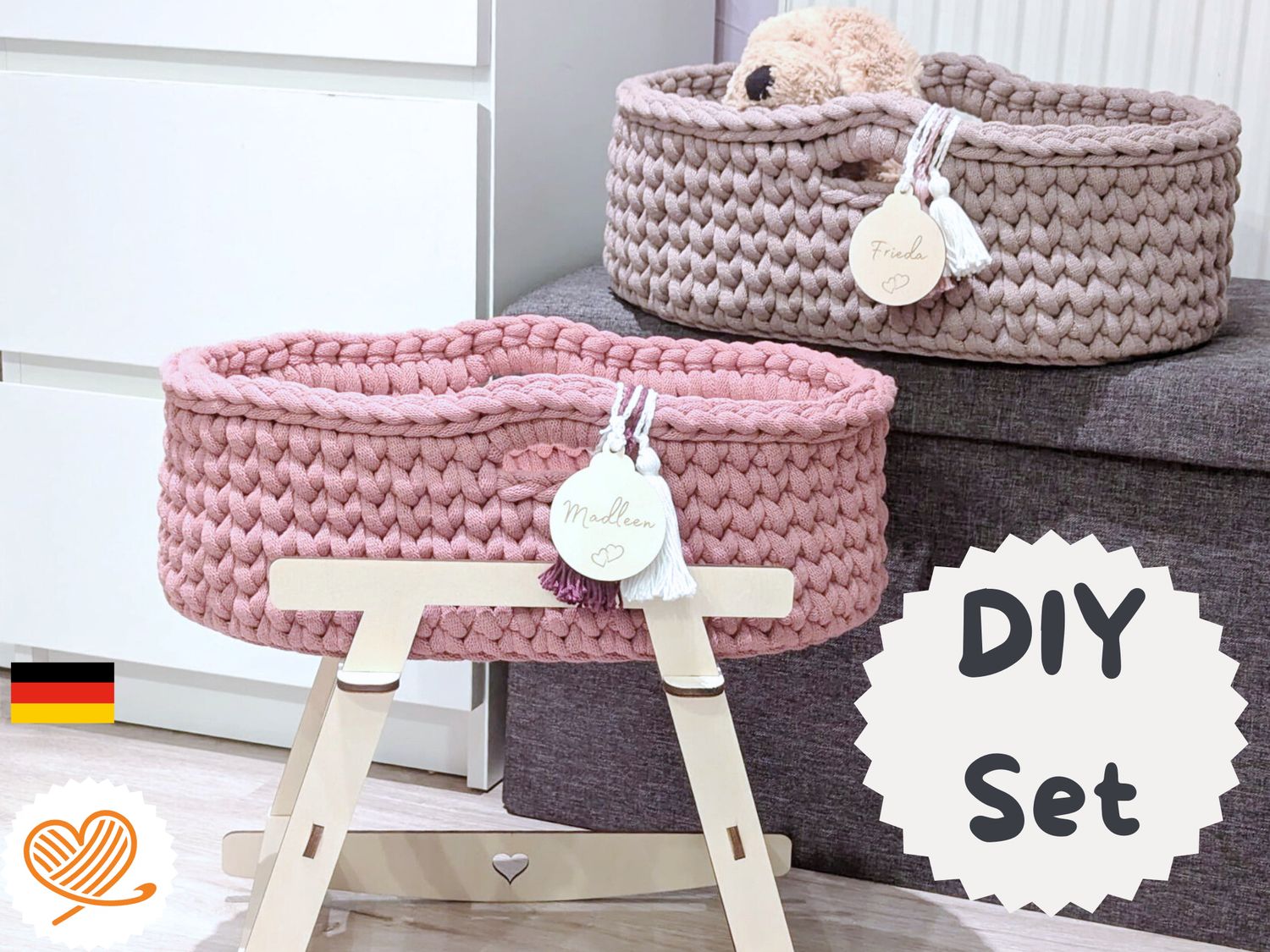 DIY  Puppenmoseskörbchen MADITA  in Wunschfarbe Moseskorb Puppenmoseskorb