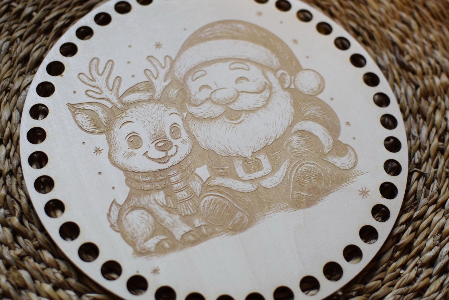 ELCH UND WEIHNACHTSMANN,  Holzböden mit Motiv, Rund in allen Größen und Lochgrößen