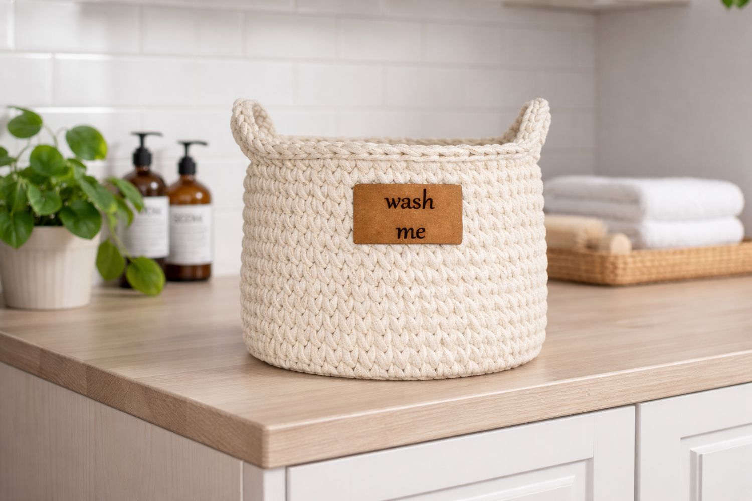 Aufbewahrungskorb HEDI mit Korblabel "wash me", von Hand gehäkelt