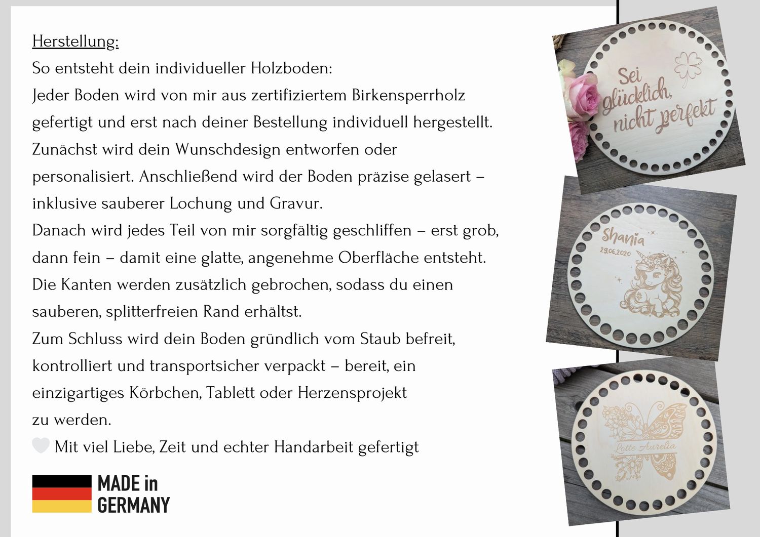 LIEBE MACHT AUS EINEM HAUS EIN ZUHAUSE,  Holzböden mit Motiv, Rund in allen Größen und Lochgrößen