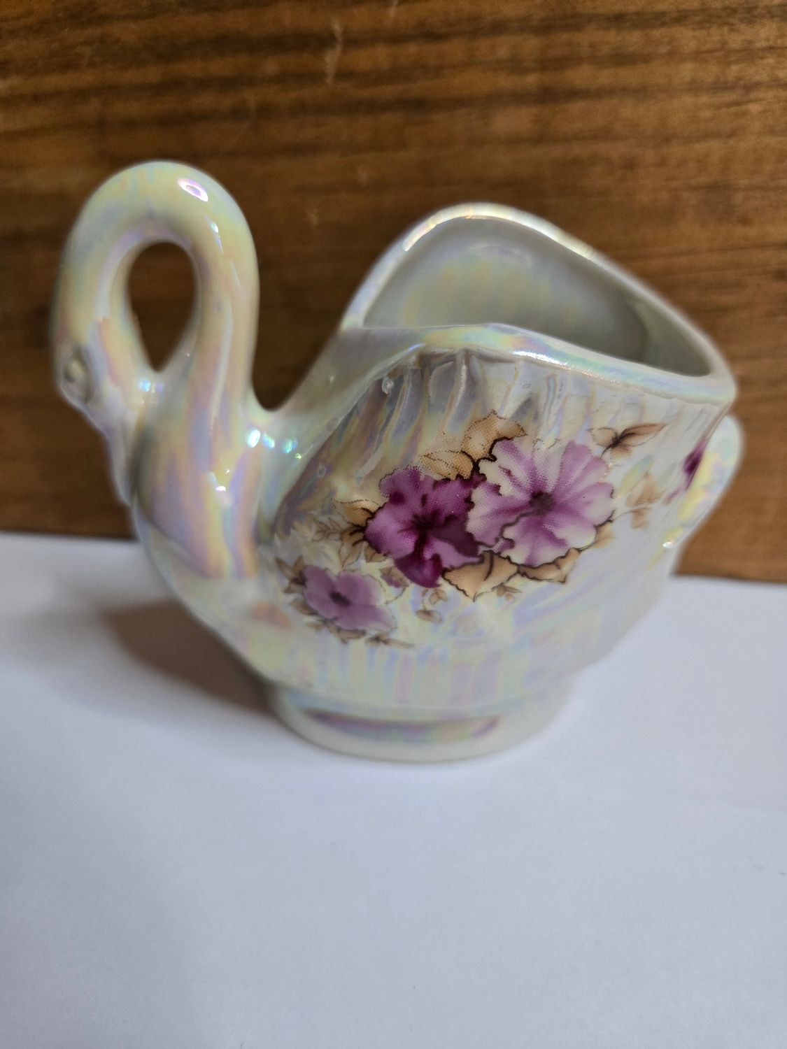 Vintage Iridescent Lusterware Hand Painted Swan Planter Trinket