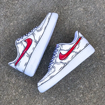Nike Air Force 1 Cartoon Red Custom Shoes Low Swoosh Black Outline