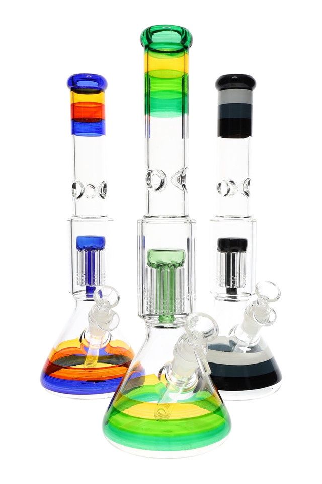 13&quot; Medium Multicolor Glass on Glass Striped Beaker Water Pipe with Tree Perc