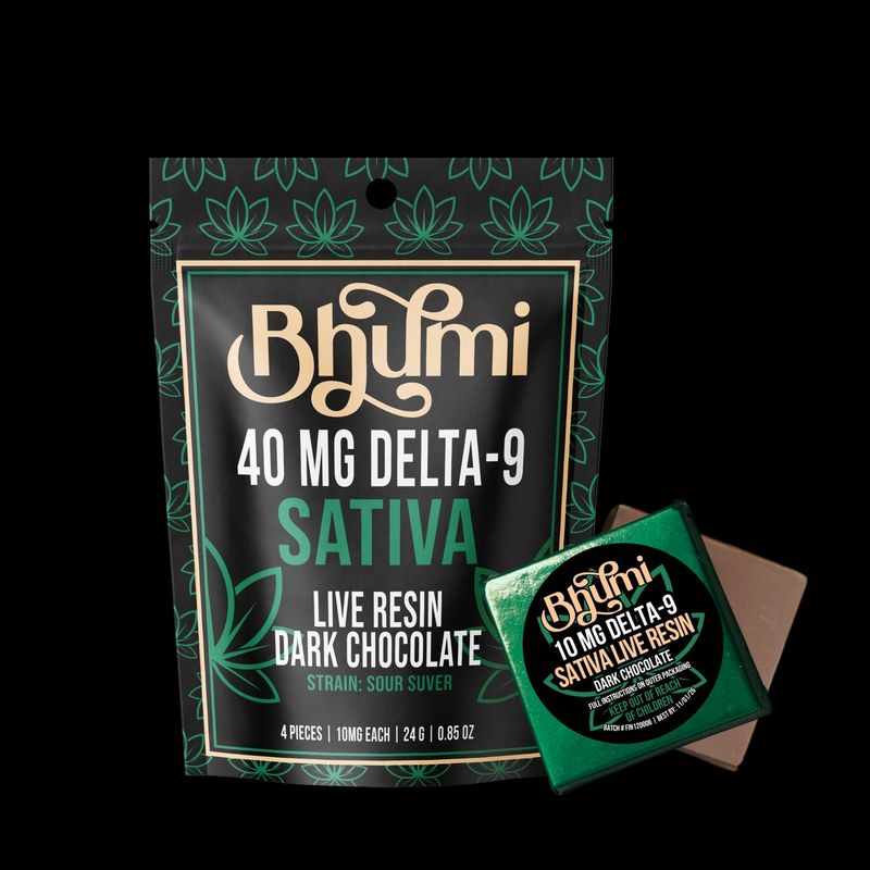 Bhumi Sativa Live Resin Dark Chocolate 4ct Bites (40mg Delta 9)