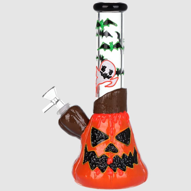 Bats &#39;n&#39; Ghouls Jack-O-Lantern Glow Beaker Glass Water Pipe | 10&quot;