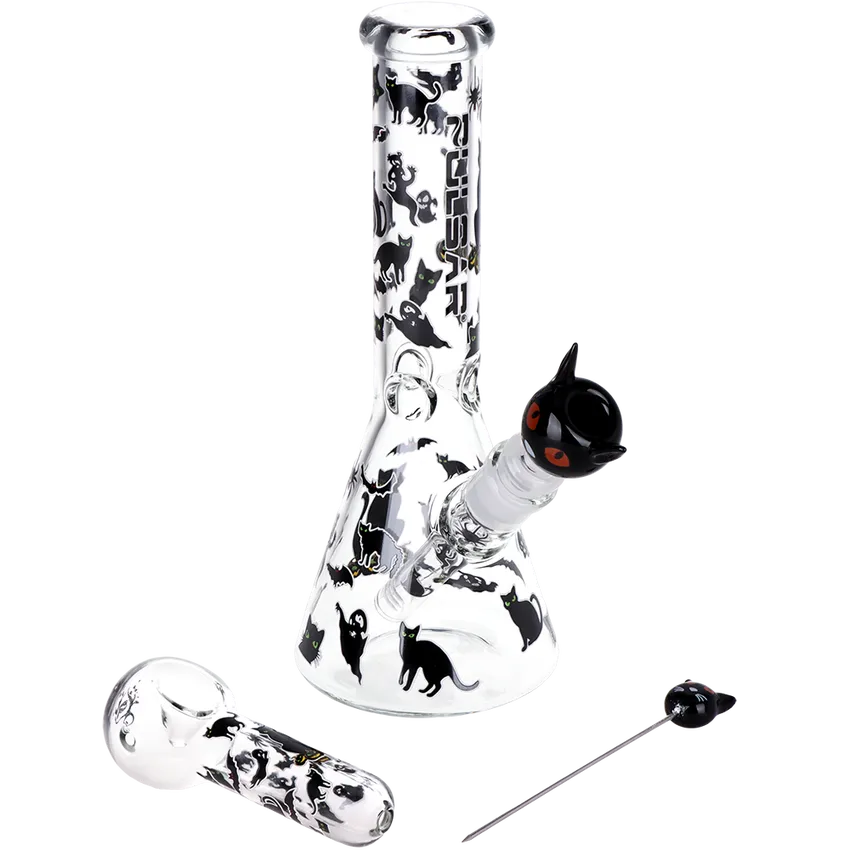 Pulsar Superstitious Kitty Glow Glass Herb Pipe Duo | 9.75" | 14mm F