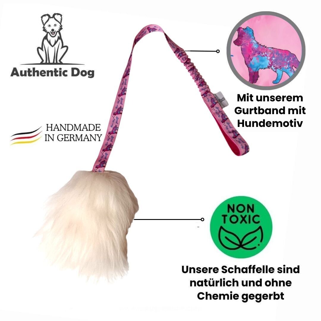 Premium Schaffell-Zergel in braun oder weiß mit Ruckdämpfer - Gurtband frei wählbar - robustes Hundepielzeug mit Bungee - interaktives Spielzeug