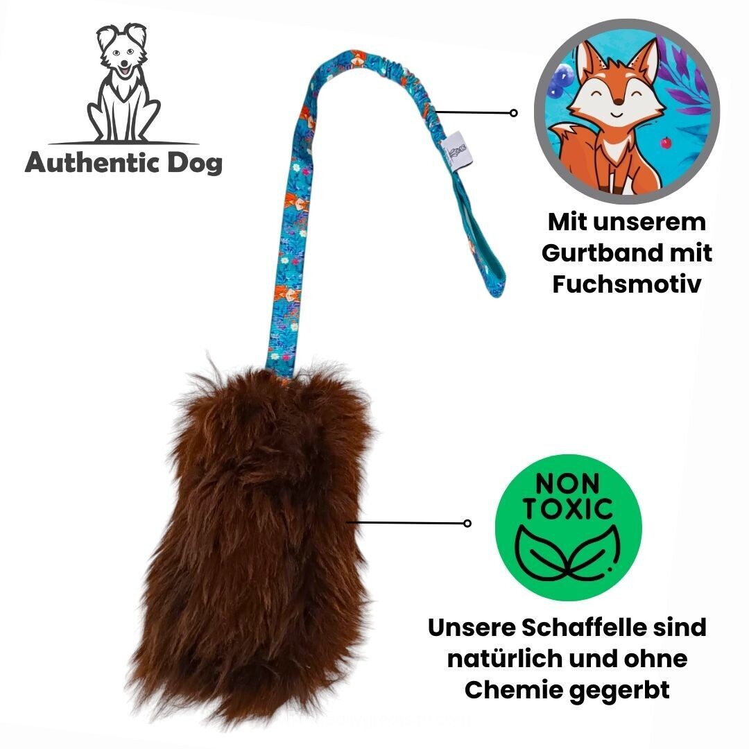 Premium Schaffell-Zergel mit Ruckdämpfer - Gurtband frei wählbar - robustes Hundepielzeug mit Bungee - interaktives Spielzeug