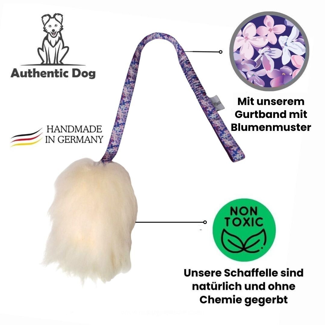 Premium Schaffell-Zergel mit Ruckdämpfer - Gurtband frei wählbar - robustes Hundepielzeug mit Bungee - interaktives Spielzeug