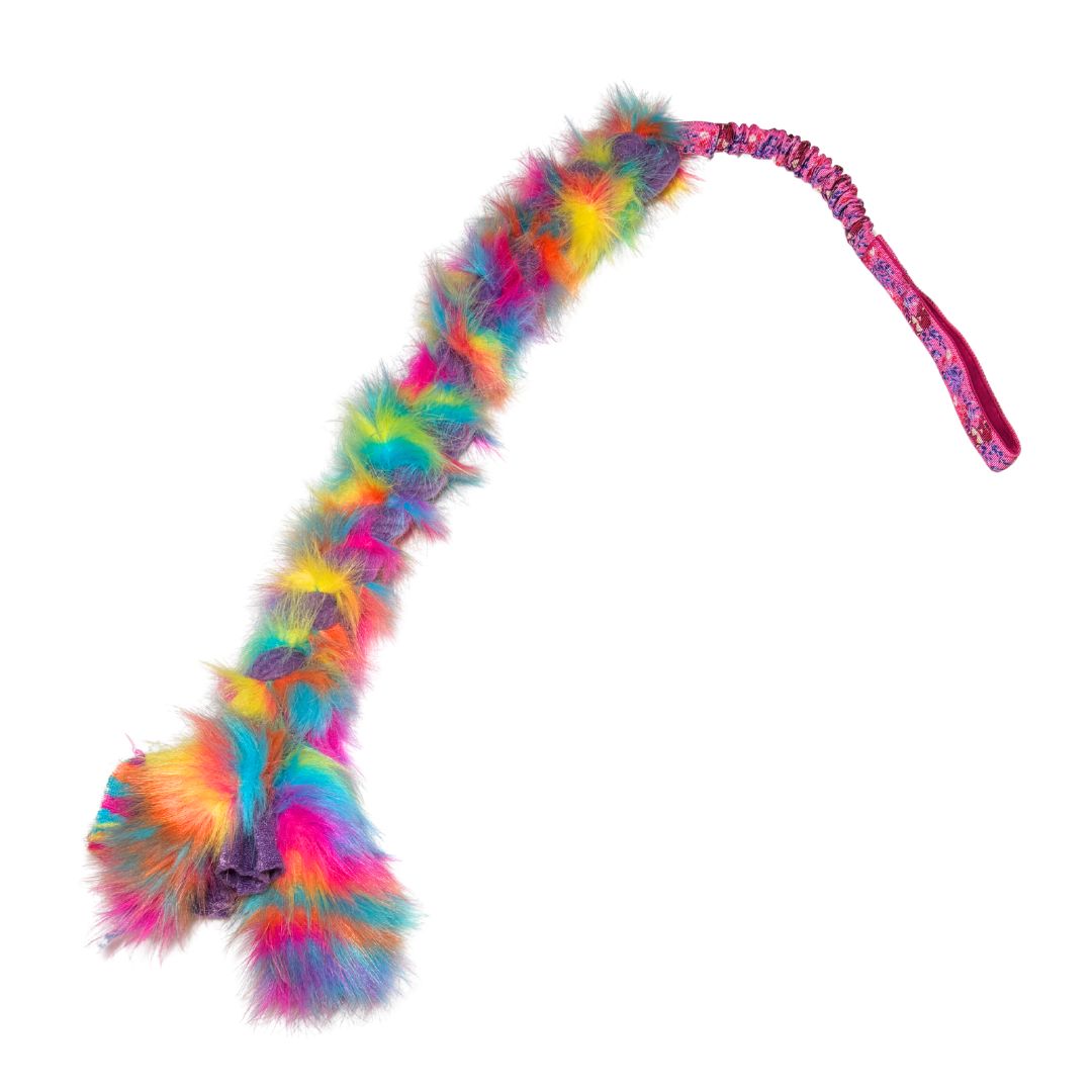 Fell und Fleece Zergel | robustes Hundespielzeug | Agility Hundesport Zergel mit Rainbow-Bungee, 98 cm Schlepper