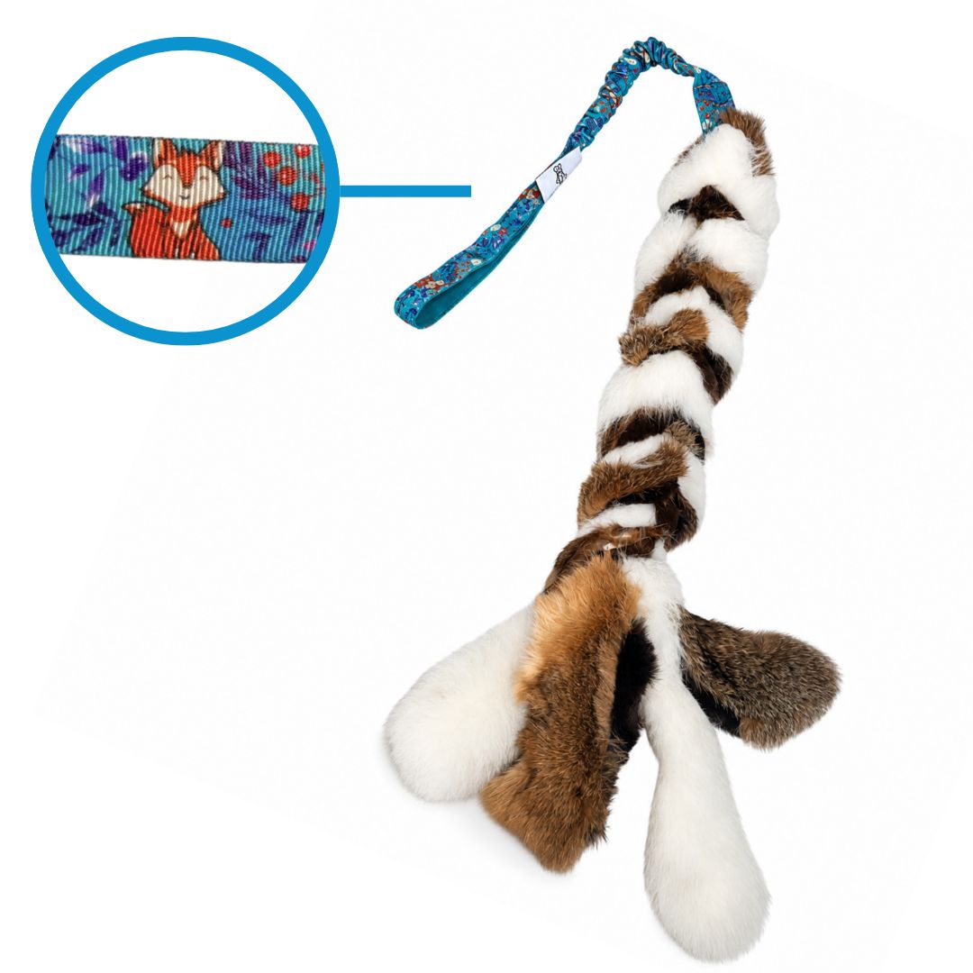 Hasenfell-Zergel mit schaffell und extra festem Bungee - robustes Hundepielzeug mit Bungee 88 cm